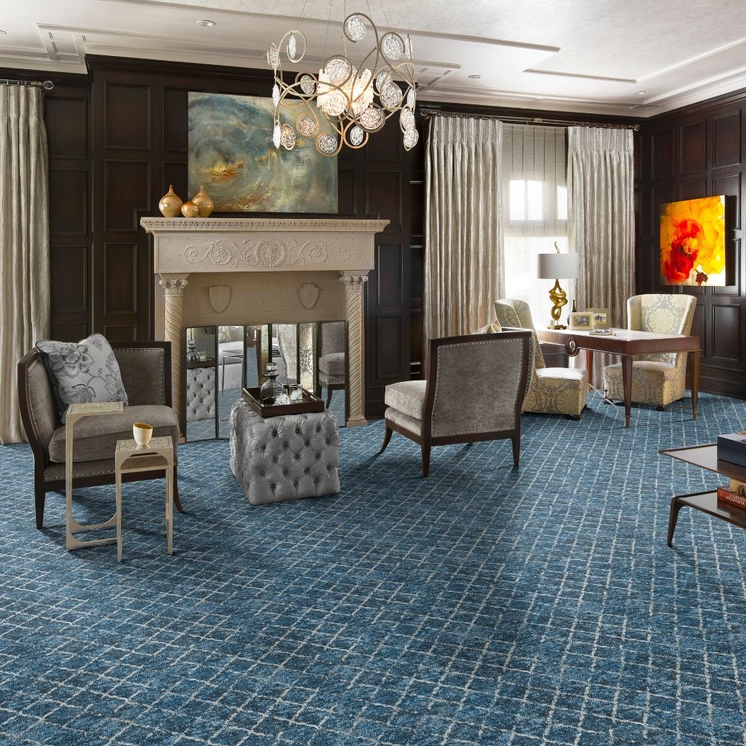 patterned blue carpet in a formal traditional living room